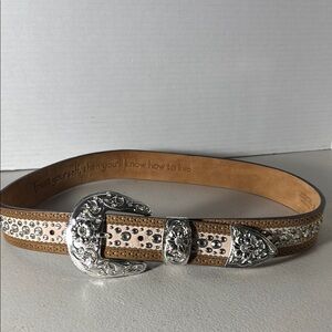 Ariat Silver and Tan Western Belt with Ornate Buckle